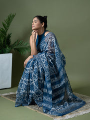 Light & Breezy Dabu Hand Block Printed Kota Doria - Blue Floral