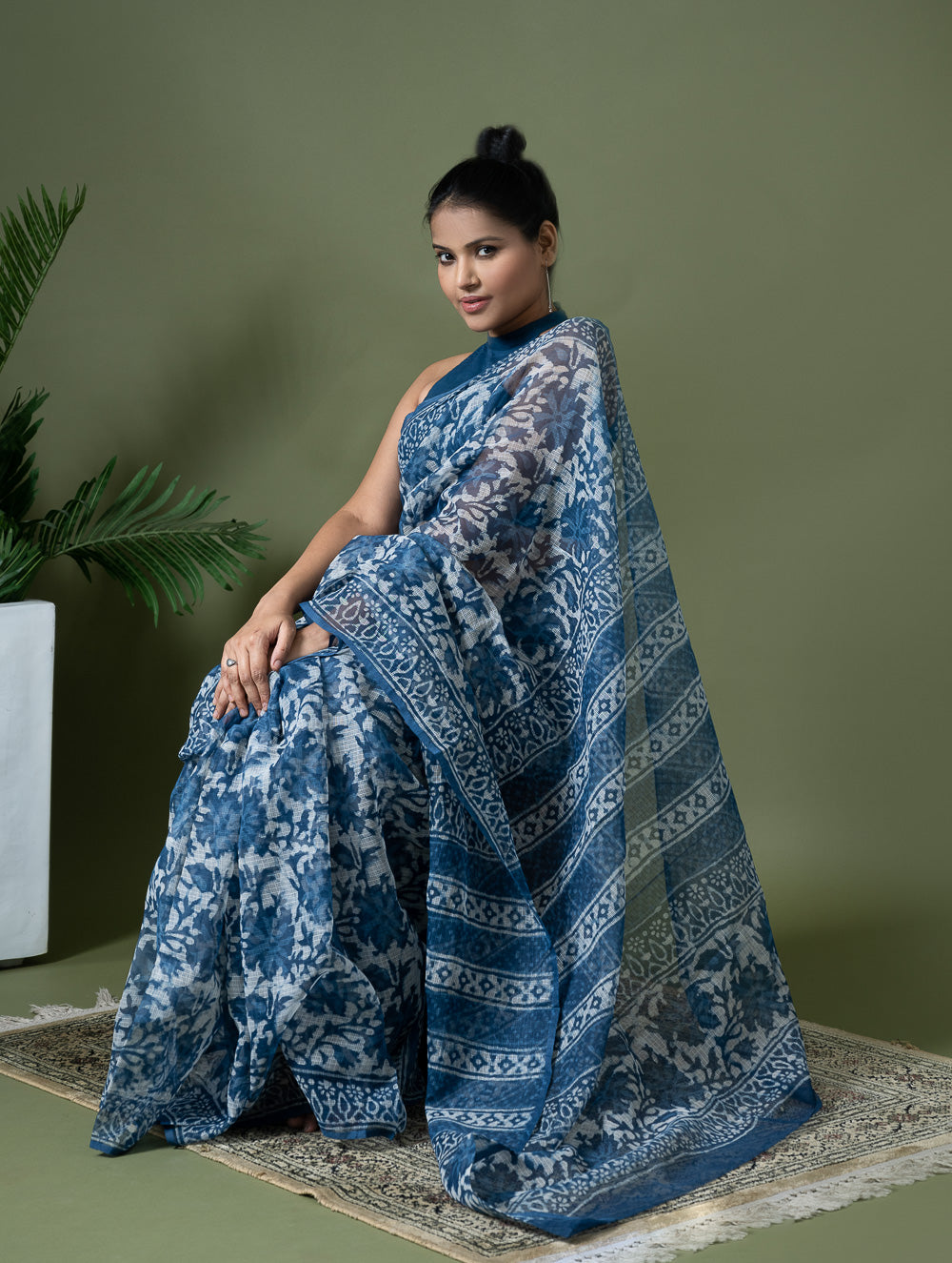 Light & Breezy Dabu Hand Block Printed Kota Doria - Blue Floral