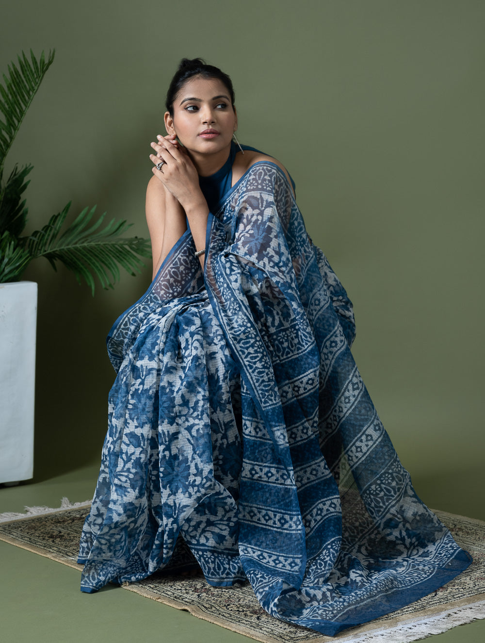 Light & Breezy Dabu Hand Block Printed Kota Doria - Blue Floral