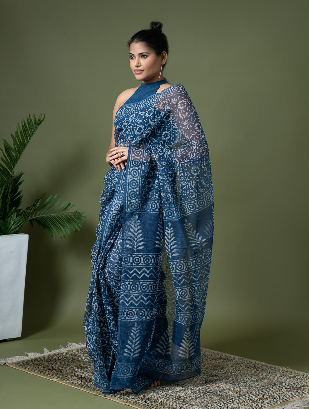 Light & Breezy Dabu Hand Block Printed Kota Doria - Blue Flowers