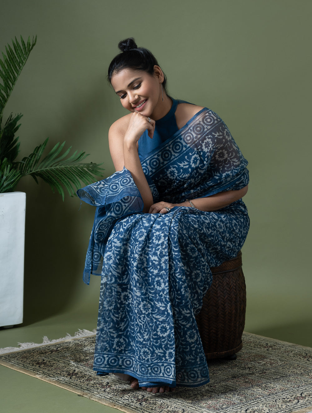 Light & Breezy Dabu Hand Block Printed Kota Doria - Blue Flowers