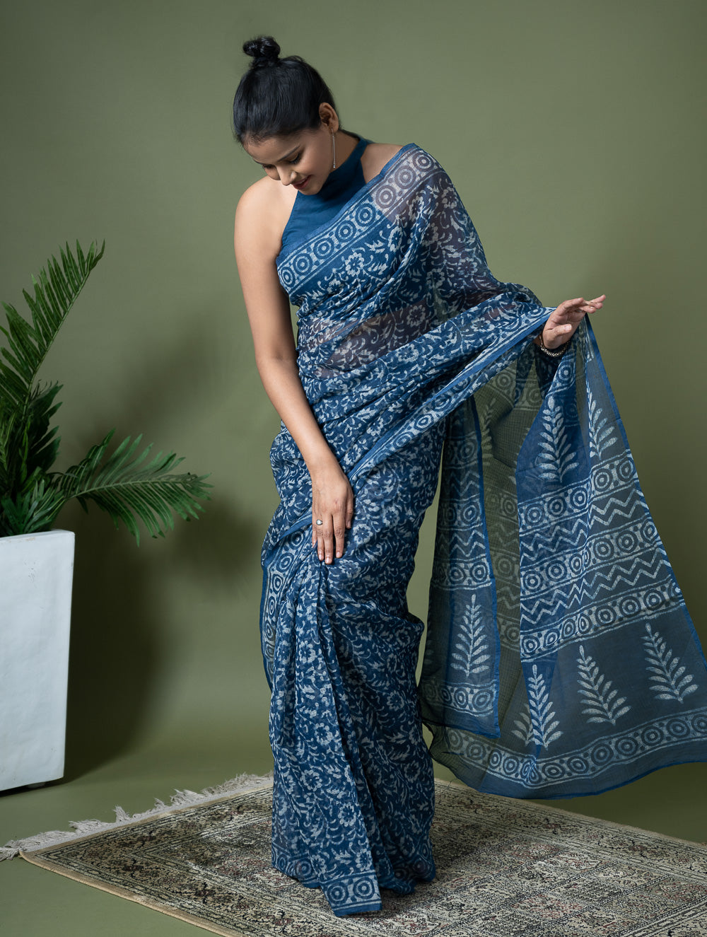 Light & Breezy Dabu Hand Block Printed Kota Doria - Blue Flowers