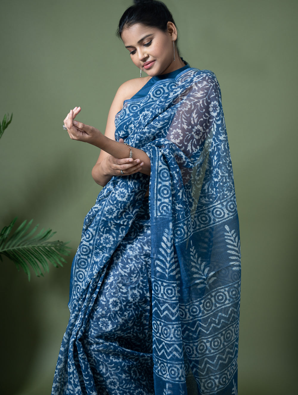 Light & Breezy Dabu Hand Block Printed Kota Doria - Blue Flowers