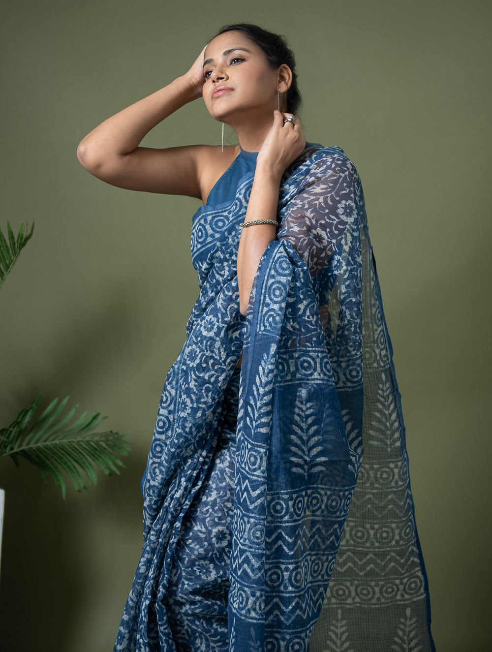 Light & Breezy Dabu Hand Block Printed Kota Doria - Blue Flowers
