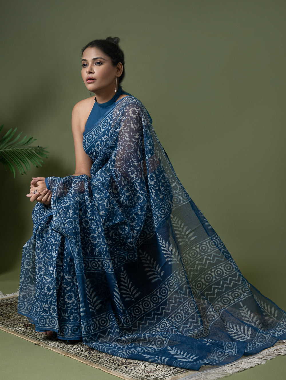 Light & Breezy Dabu Hand Block Printed Kota Doria - Blue Flowers