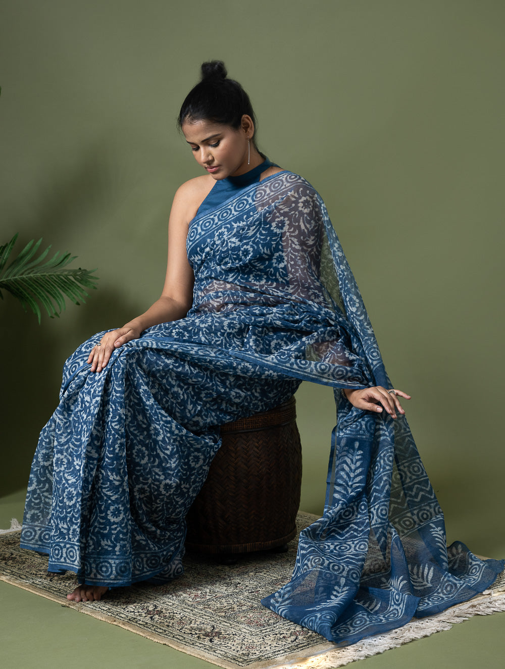 Light & Breezy Dabu Hand Block Printed Kota Doria - Blue Flowers