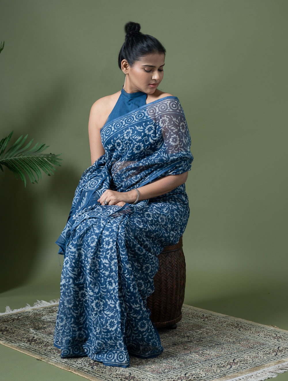 Light & Breezy Dabu Hand Block Printed Kota Doria - Blue Flowers