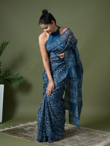 Light & Breezy Dabu Hand Block Printed Kota Doria - Blue Flowers