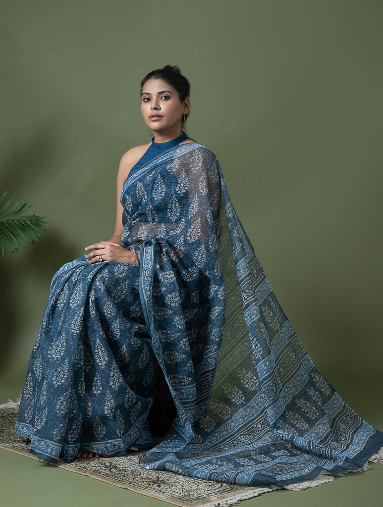 Light & Breezy Dabu Hand Block Printed Kota Doria - Blue Ornate