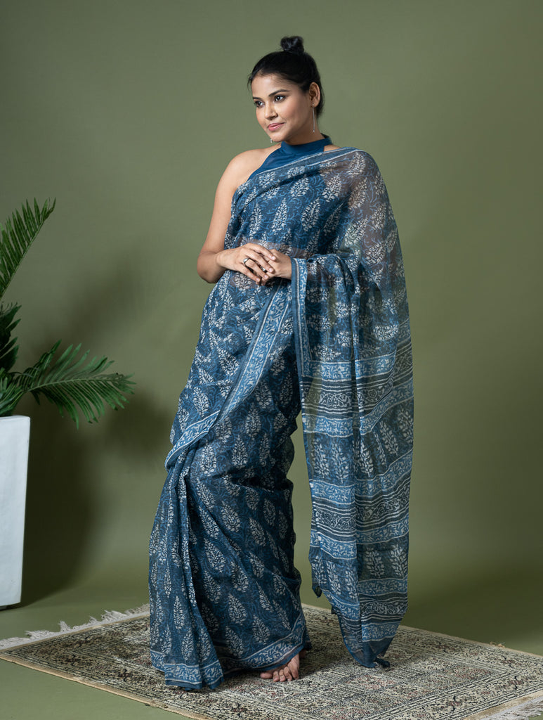 Light & Breezy Dabu Hand Block Printed Kota Doria - Blue Ornate