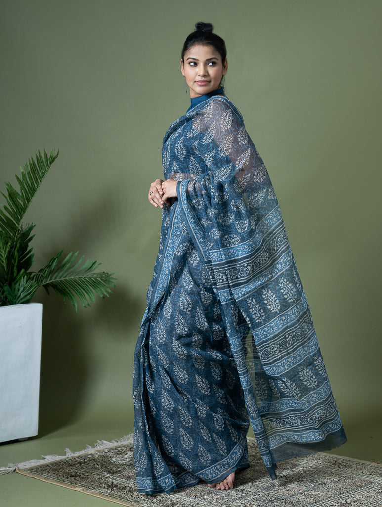 Light & Breezy Dabu Hand Block Printed Kota Doria - Blue Ornate