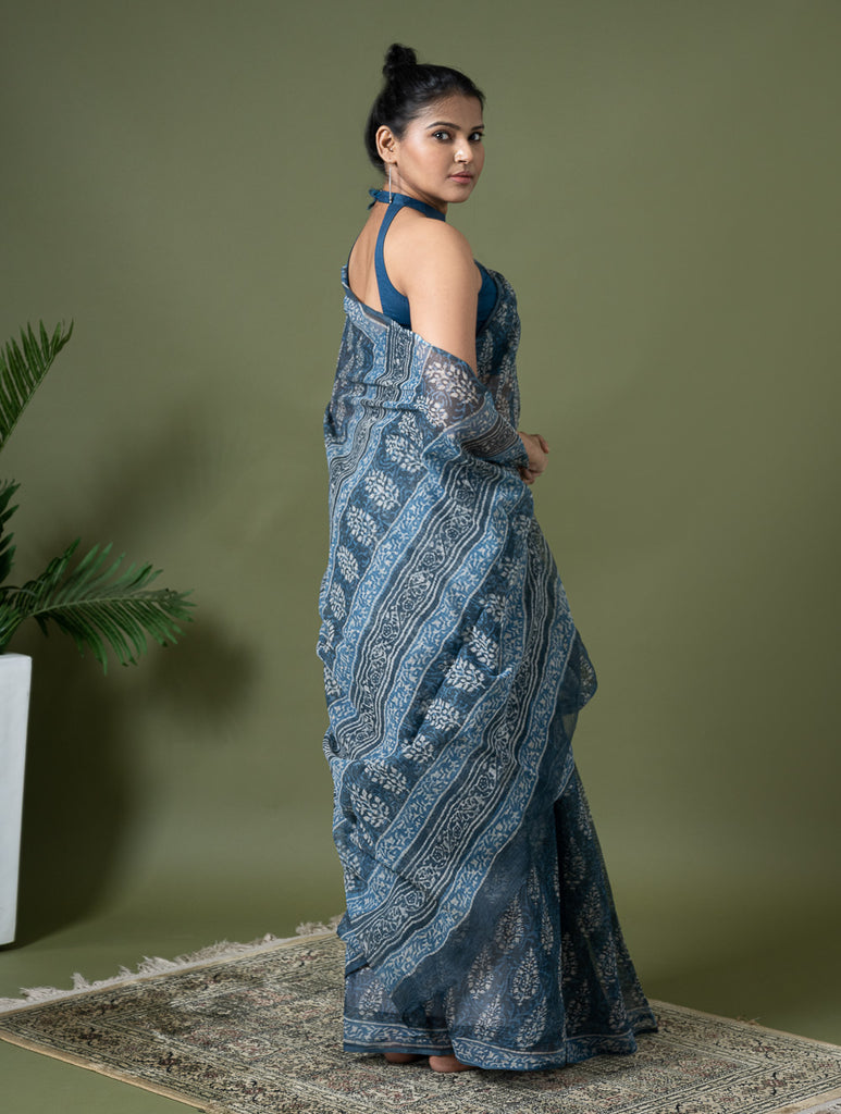 Light & Breezy Dabu Hand Block Printed Kota Doria - Blue Ornate