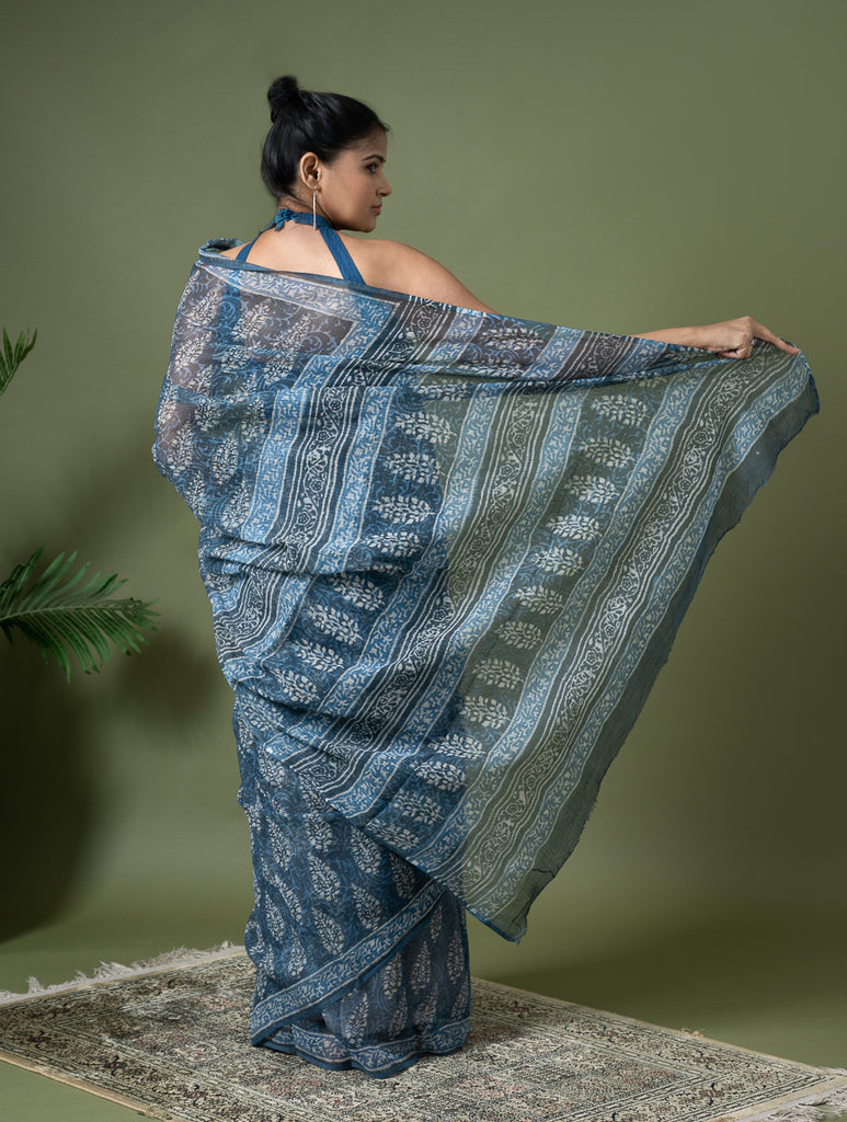 Light & Breezy Dabu Hand Block Printed Kota Doria - Blue Ornate