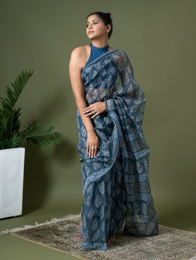 Light & Breezy Dabu Hand Block Printed Kota Doria - Blue Ornate