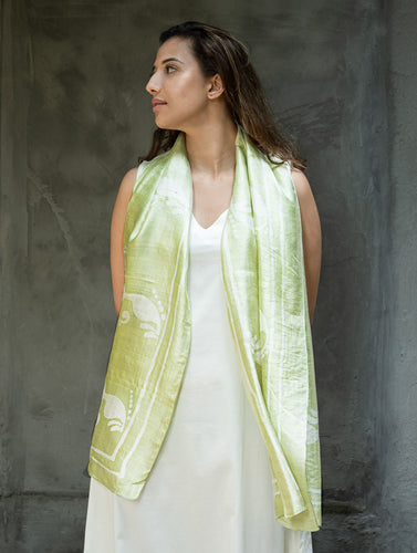Light & Elegant Silk Batik Stole - Lime Green Vines
