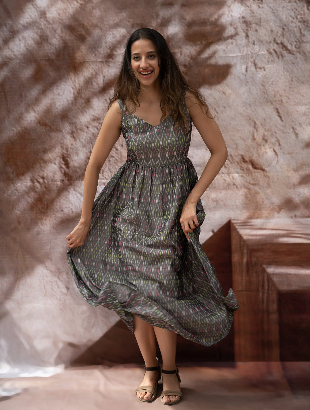 Load image into Gallery viewer, Light &amp; Soft. Handwoven Ikat Dress - Grey Mirage