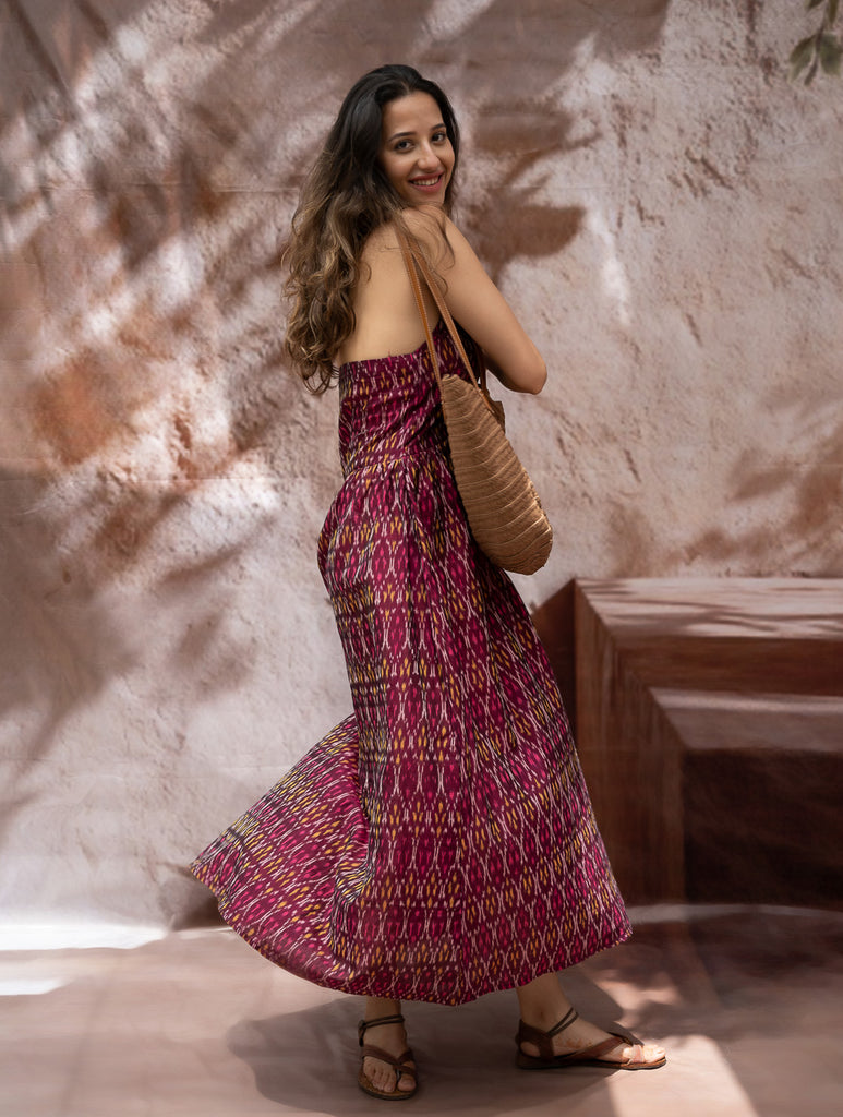 Light & Soft. Handwoven Ikat Halter Dress - Ruby Strokes