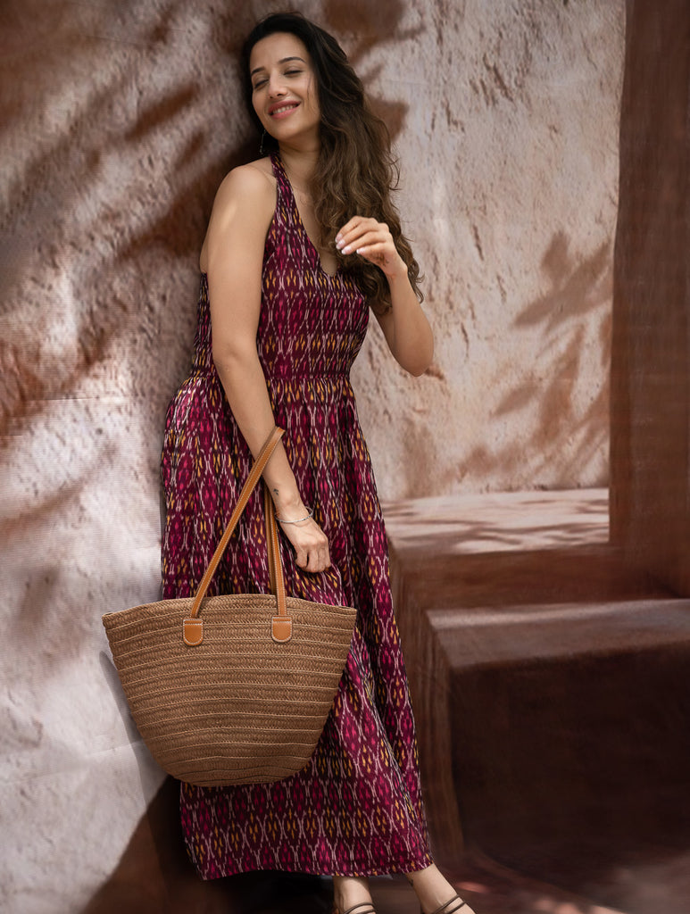 Light & Soft. Handwoven Ikat Halter Dress - Ruby Strokes