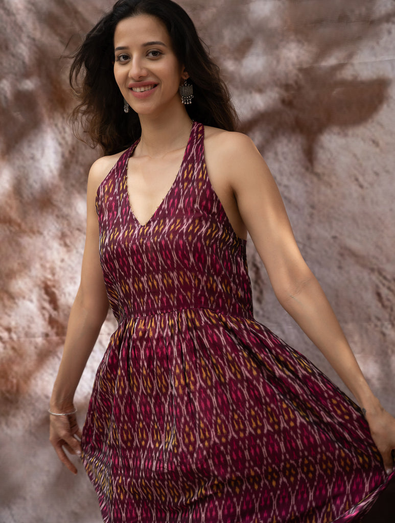 Light & Soft. Handwoven Ikat Halter Dress - Ruby Strokes