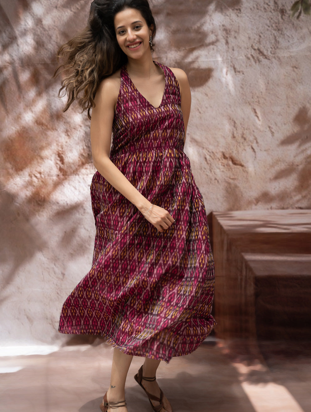 Load image into Gallery viewer, Light &amp; Soft. Handwoven Ikat Halter Dress - Ruby Strokes