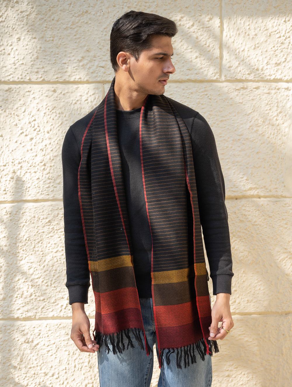 Load image into Gallery viewer, Light &amp; Warm Himachal Stole - Charcoal Pinstripes