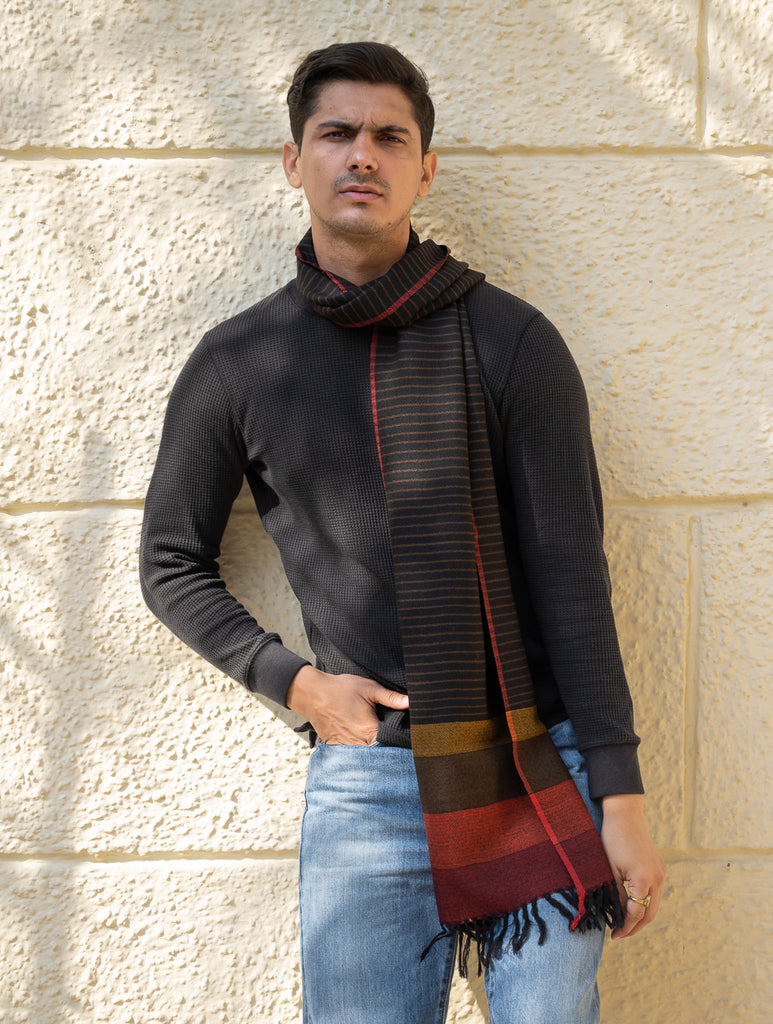 Light & Warm Himachal Stole - Charcoal Pinstripes
