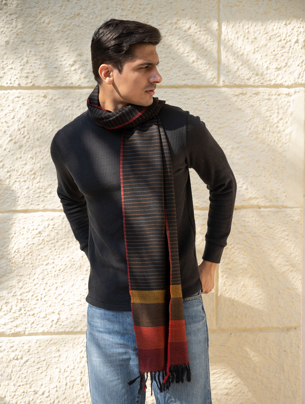 Load image into Gallery viewer, Light &amp; Warm Himachal Stole - Charcoal Pinstripes