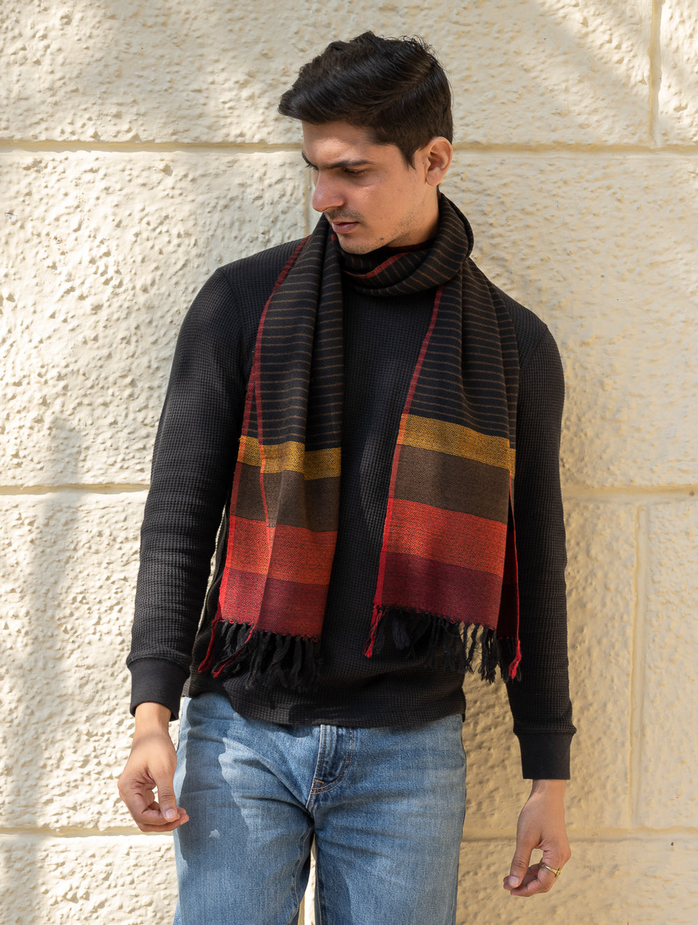 Load image into Gallery viewer, Light &amp; Warm Himachal Stole - Charcoal Pinstripes