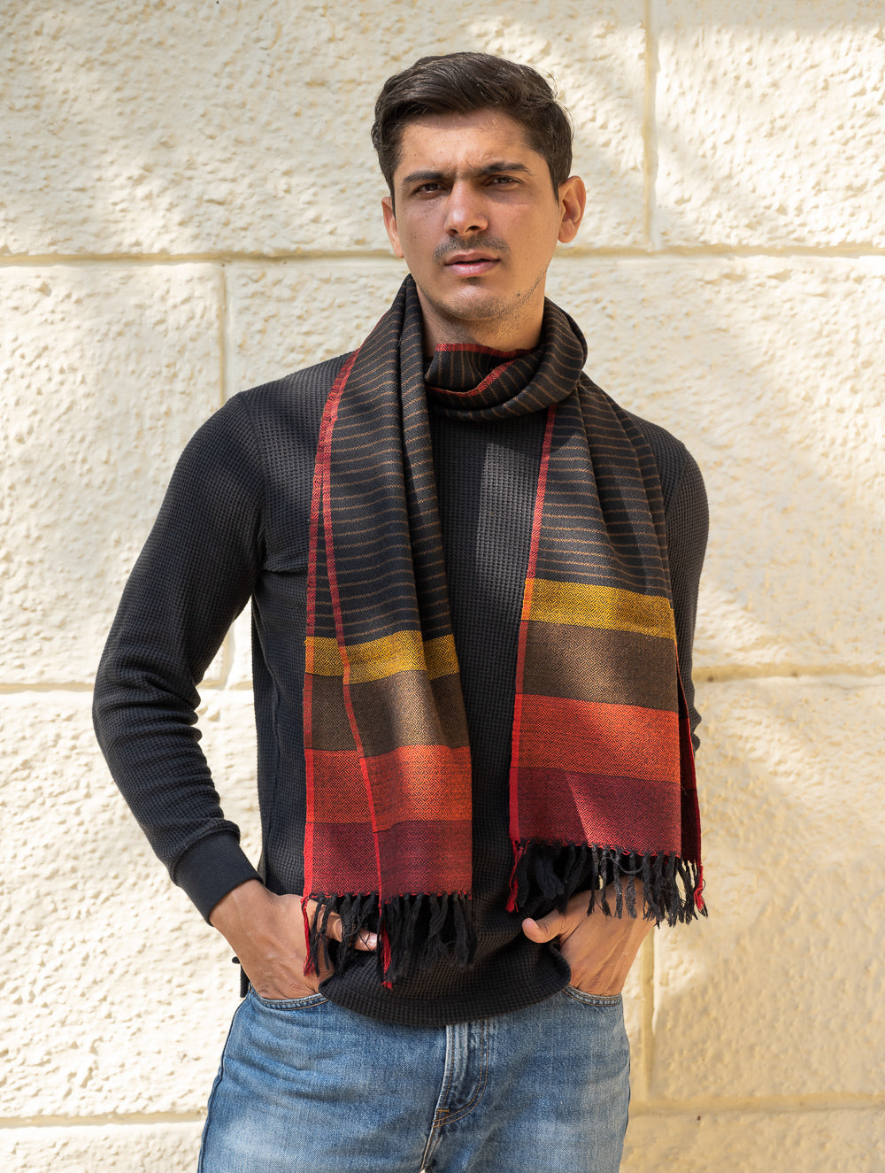 Load image into Gallery viewer, Light &amp; Warm Himachal Stole - Charcoal Pinstripes