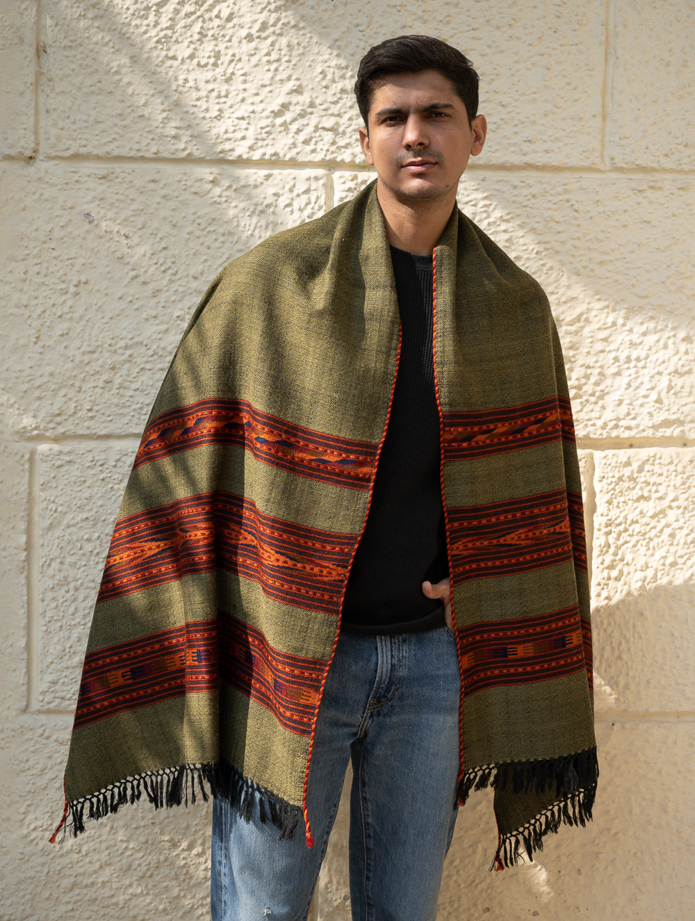 Load image into Gallery viewer, Light &amp; Warm Himachal Stole - Olive Bands