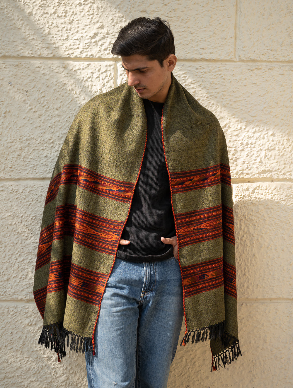 Load image into Gallery viewer, Light &amp; Warm Himachal Stole - Olive Bands