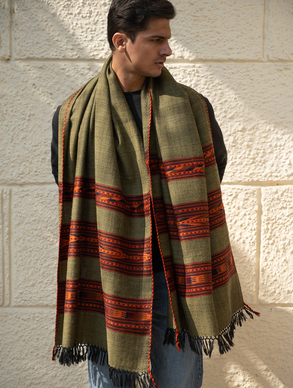 Light & Warm Himachal Stole - Olive Bands