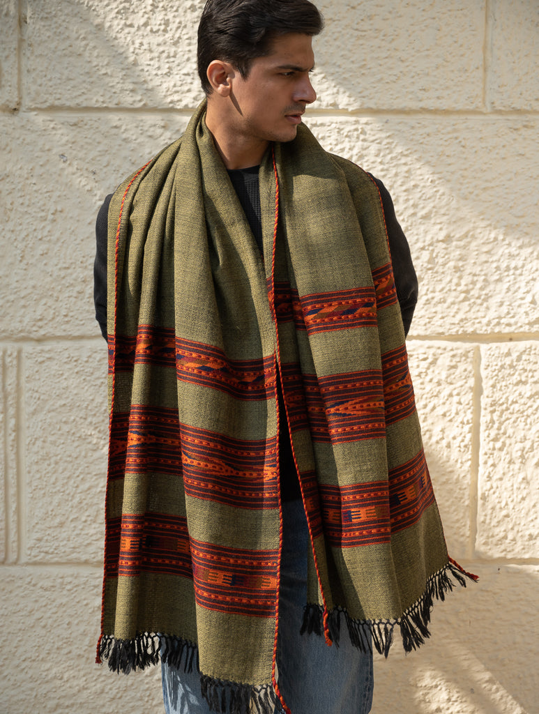 Light & Warm Himachal Stole - Olive Bands