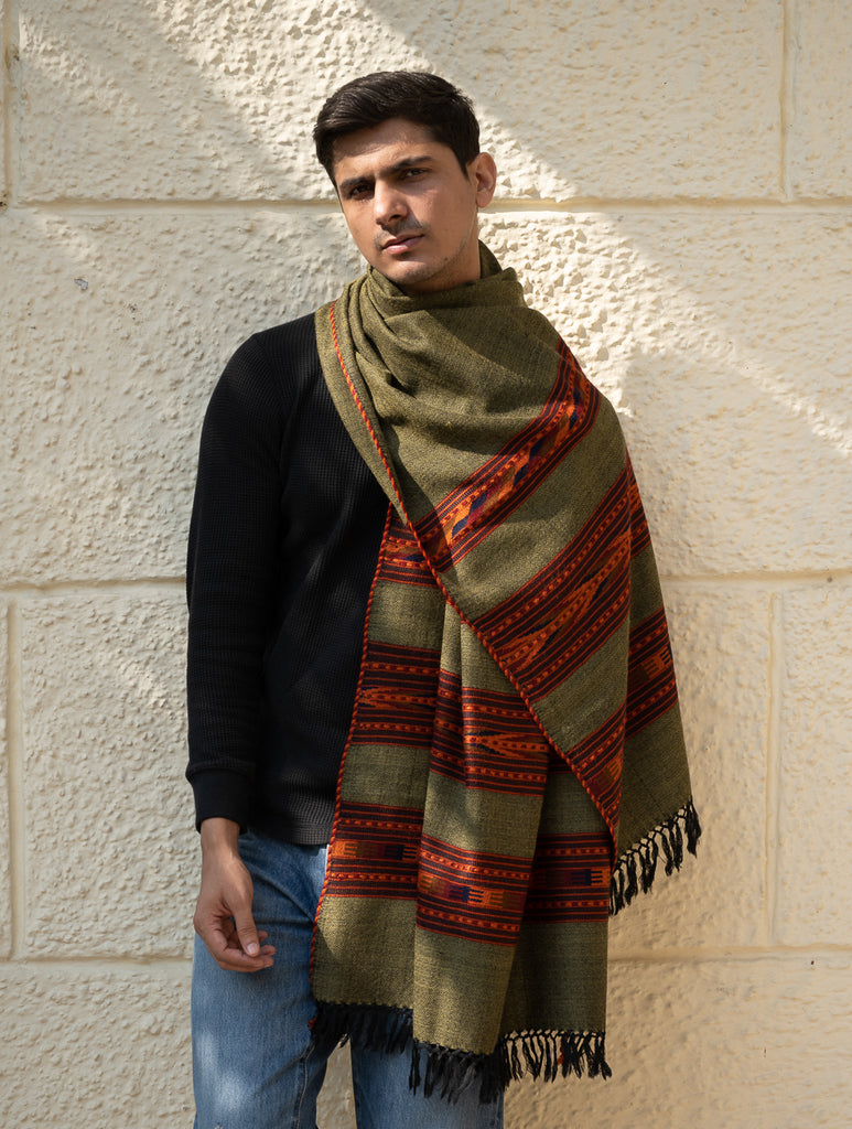 Light & Warm Himachal Stole - Olive Bands
