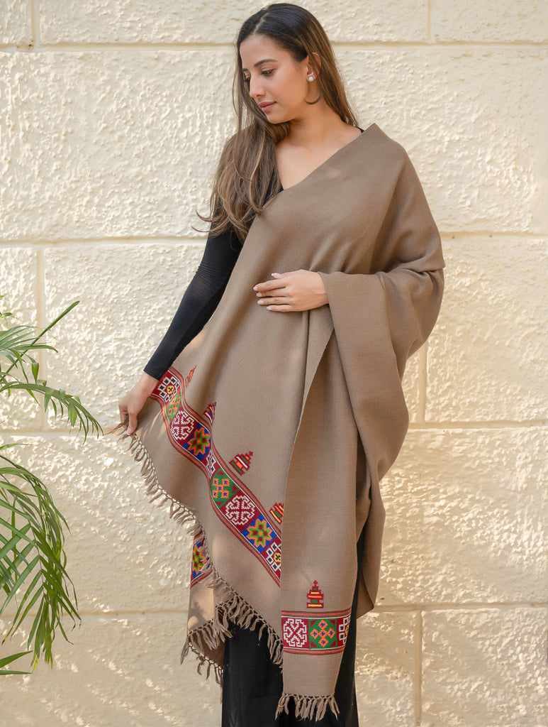 Light & Warm Merino Wool Kinnauri Shawl - Mocha Trail