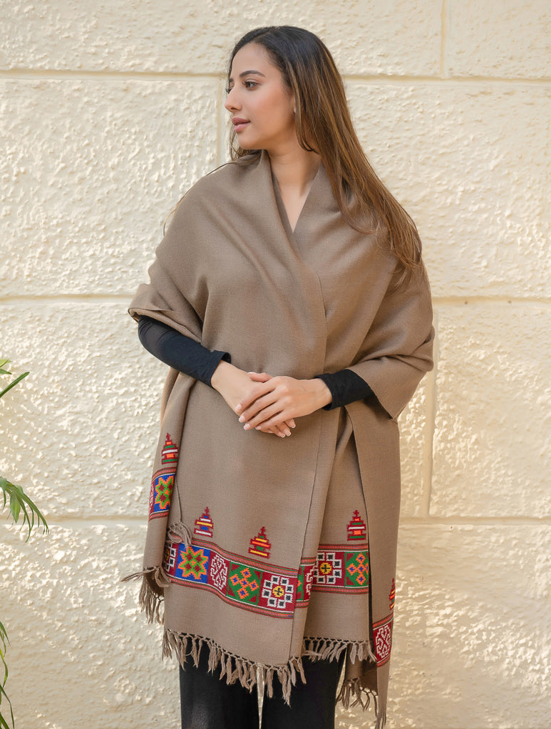 Light & Warm Merino Wool Kinnauri Shawl - Mocha Trail