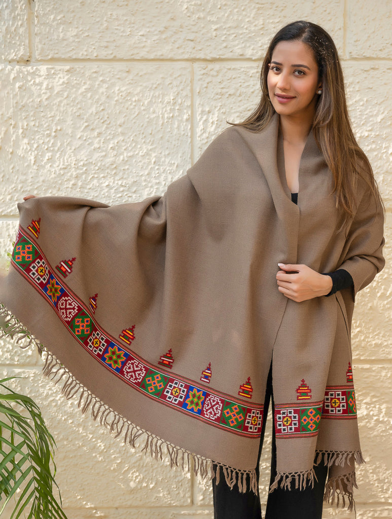 Light & Warm Merino Wool Kinnauri Shawl - Mocha Trail