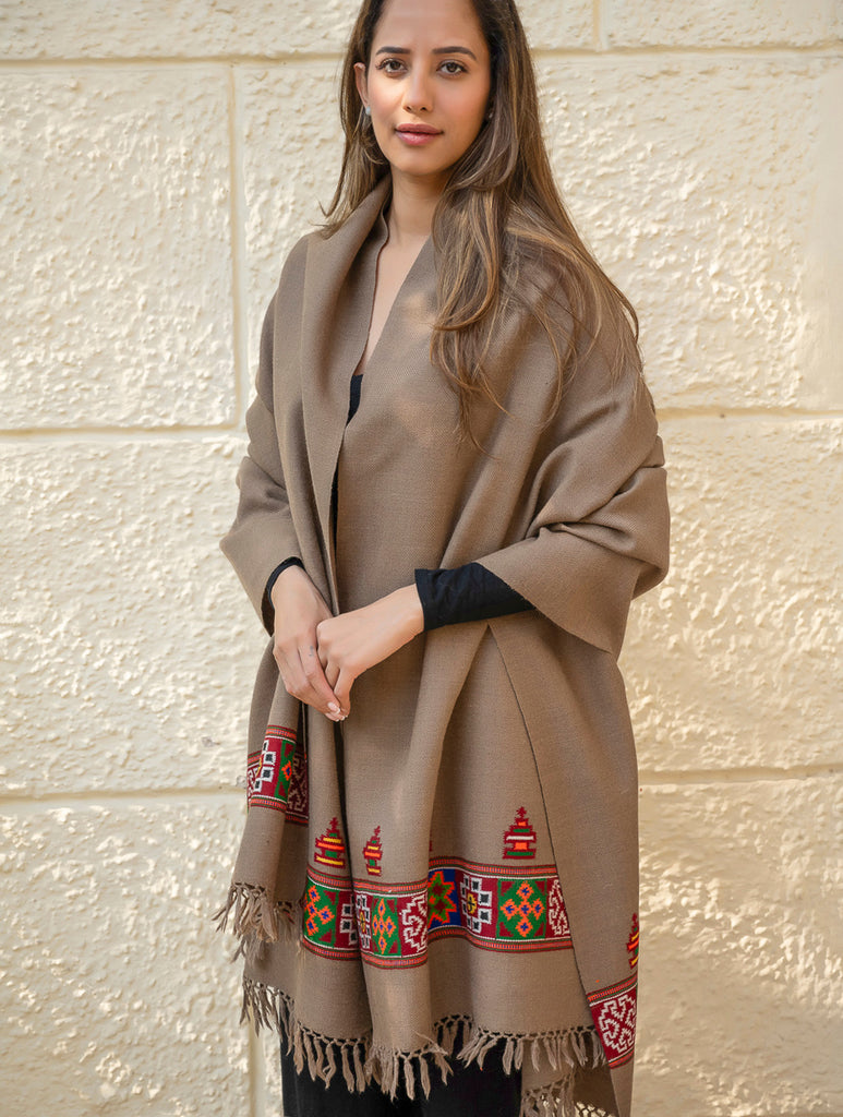 Light & Warm Merino Wool Kinnauri Shawl - Mocha Trail