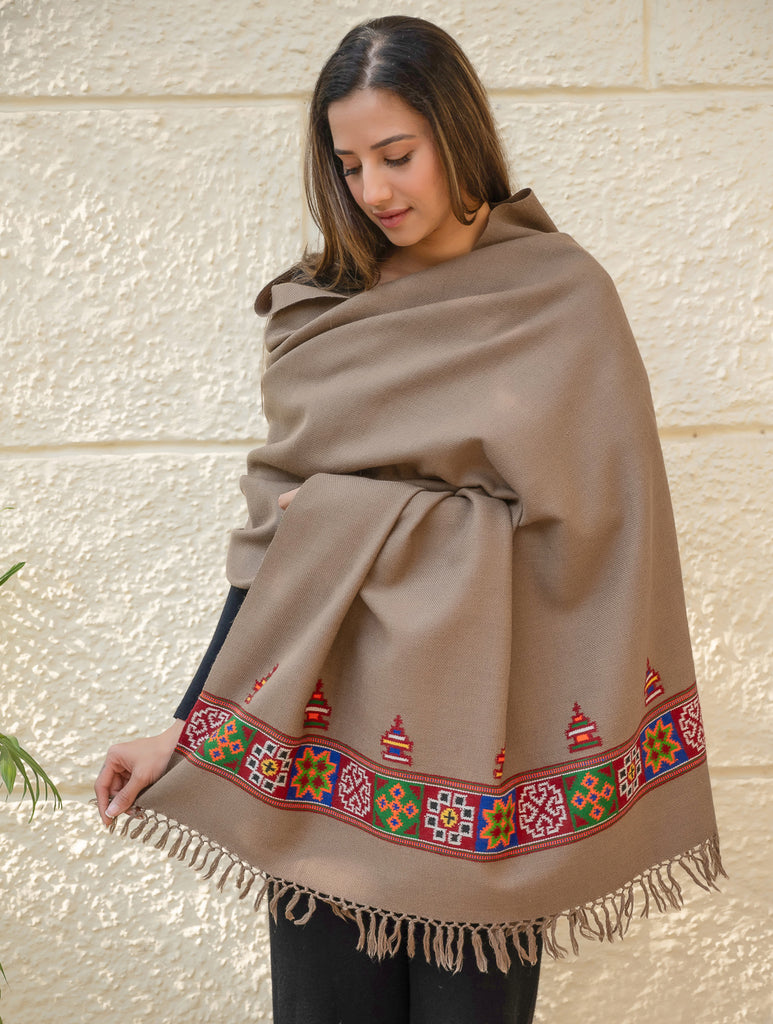 Light & Warm Merino Wool Kinnauri Shawl - Mocha Trail