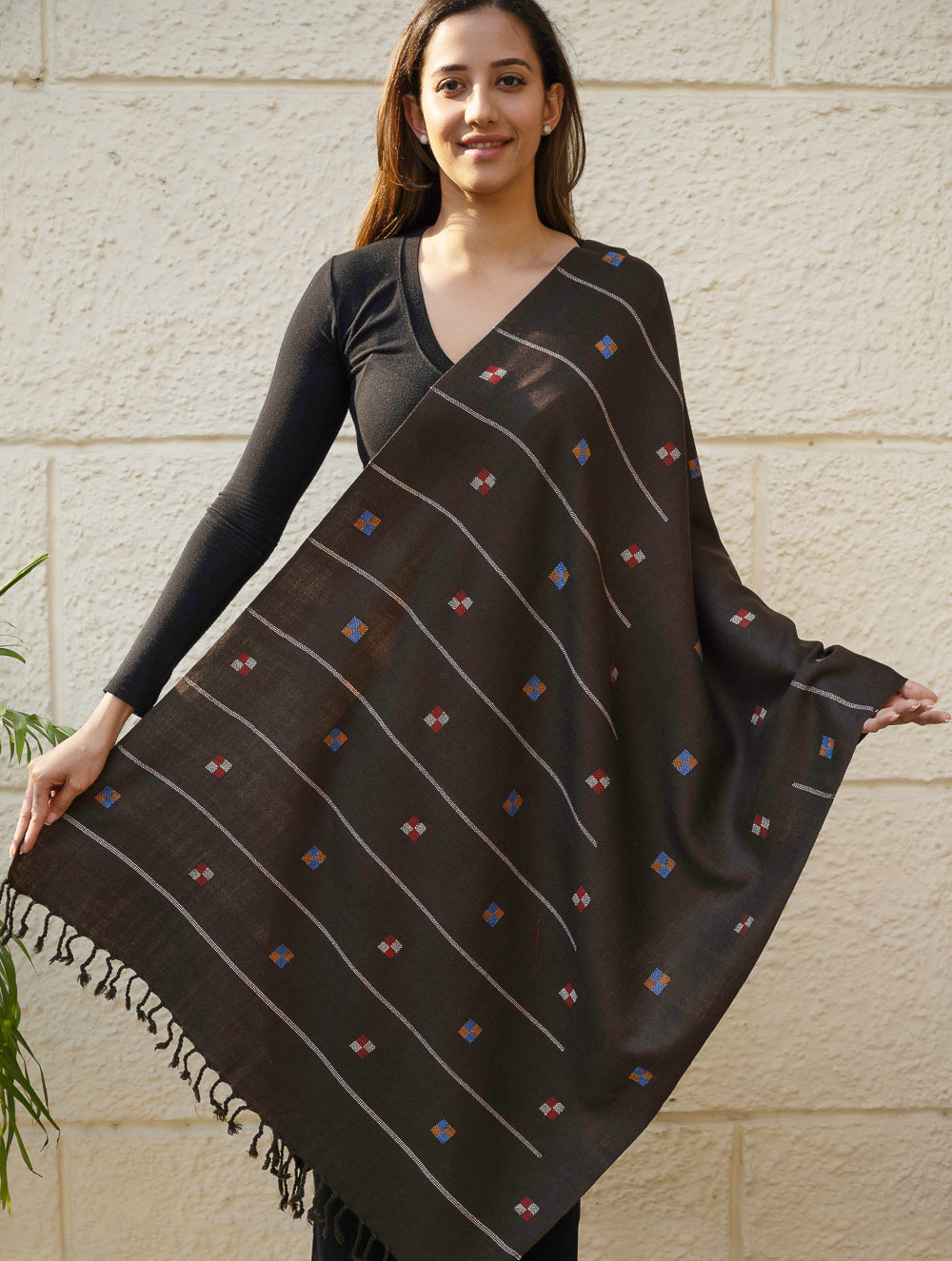 Light & Warm Merino Wool Kinnauri Stole - Coffee Meadow