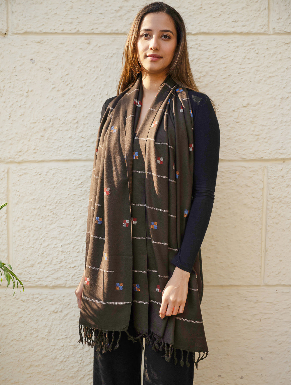 Light & Warm Merino Wool Kinnauri Stole - Coffee Meadow