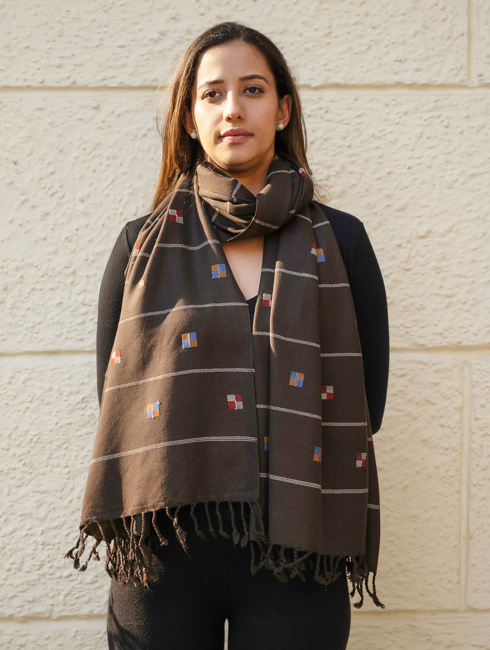 Load image into Gallery viewer, Light &amp; Warm Merino Wool Kinnauri Stole - Coffee Meadow