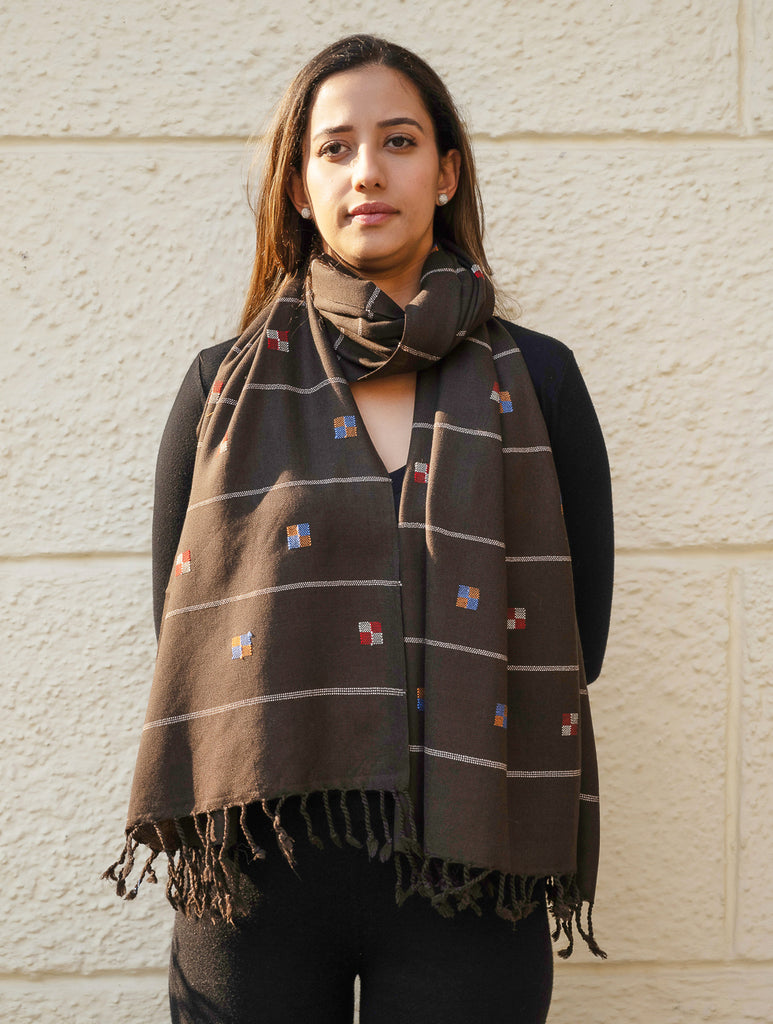 Light & Warm Merino Wool Kinnauri Stole - Coffee Meadow