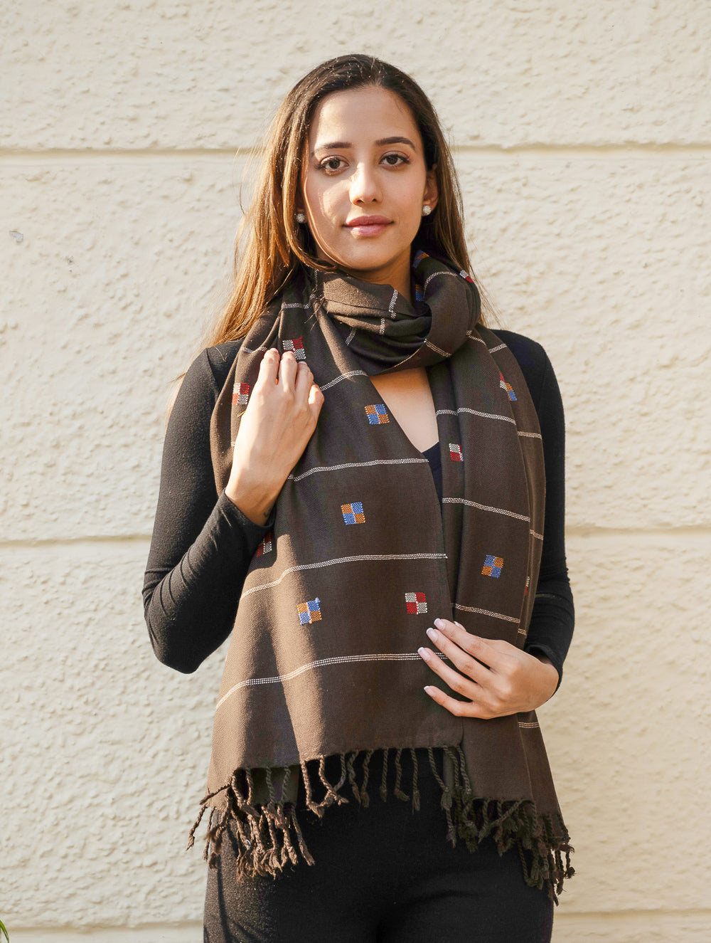 Light & Warm Merino Wool Kinnauri Stole - Coffee Meadow