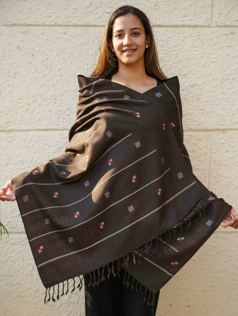 Light & Warm Merino Wool Kinnauri Stole - Coffee Meadow