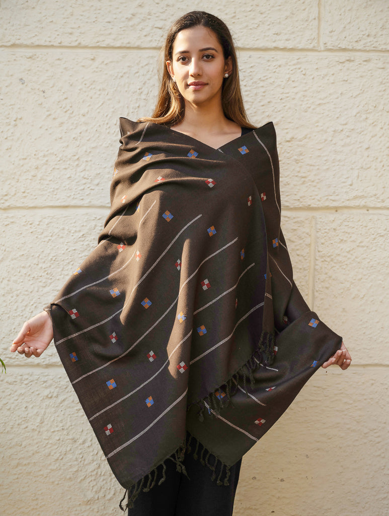 Light & Warm Merino Wool Kinnauri Stole - Coffee Meadow