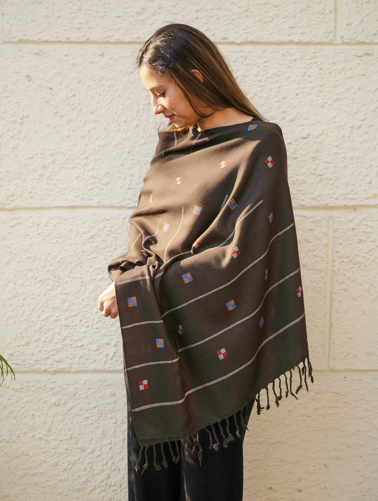 Light & Warm Merino Wool Kinnauri Stole - Coffee Meadow