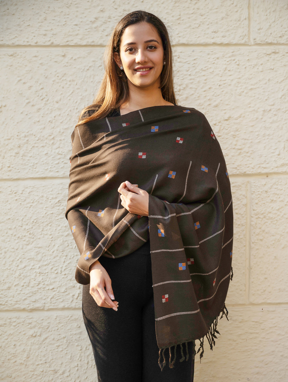 Light & Warm Merino Wool Kinnauri Stole - Coffee Meadow