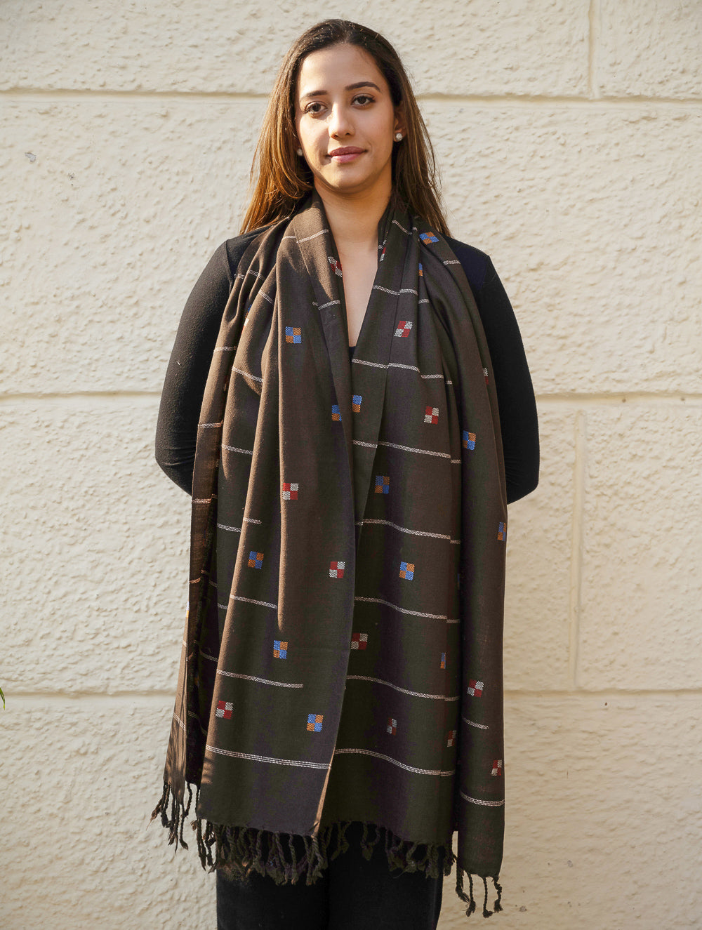 Load image into Gallery viewer, Light &amp; Warm Merino Wool Kinnauri Stole - Coffee Meadow