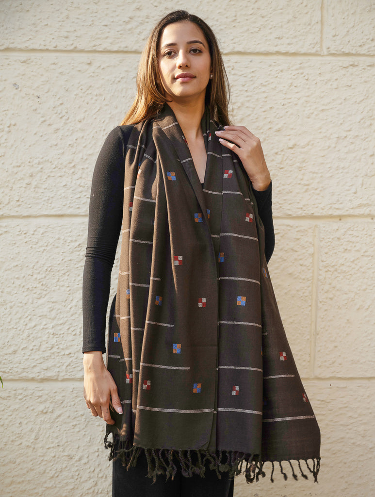 Light & Warm Merino Wool Kinnauri Stole - Coffee Meadow